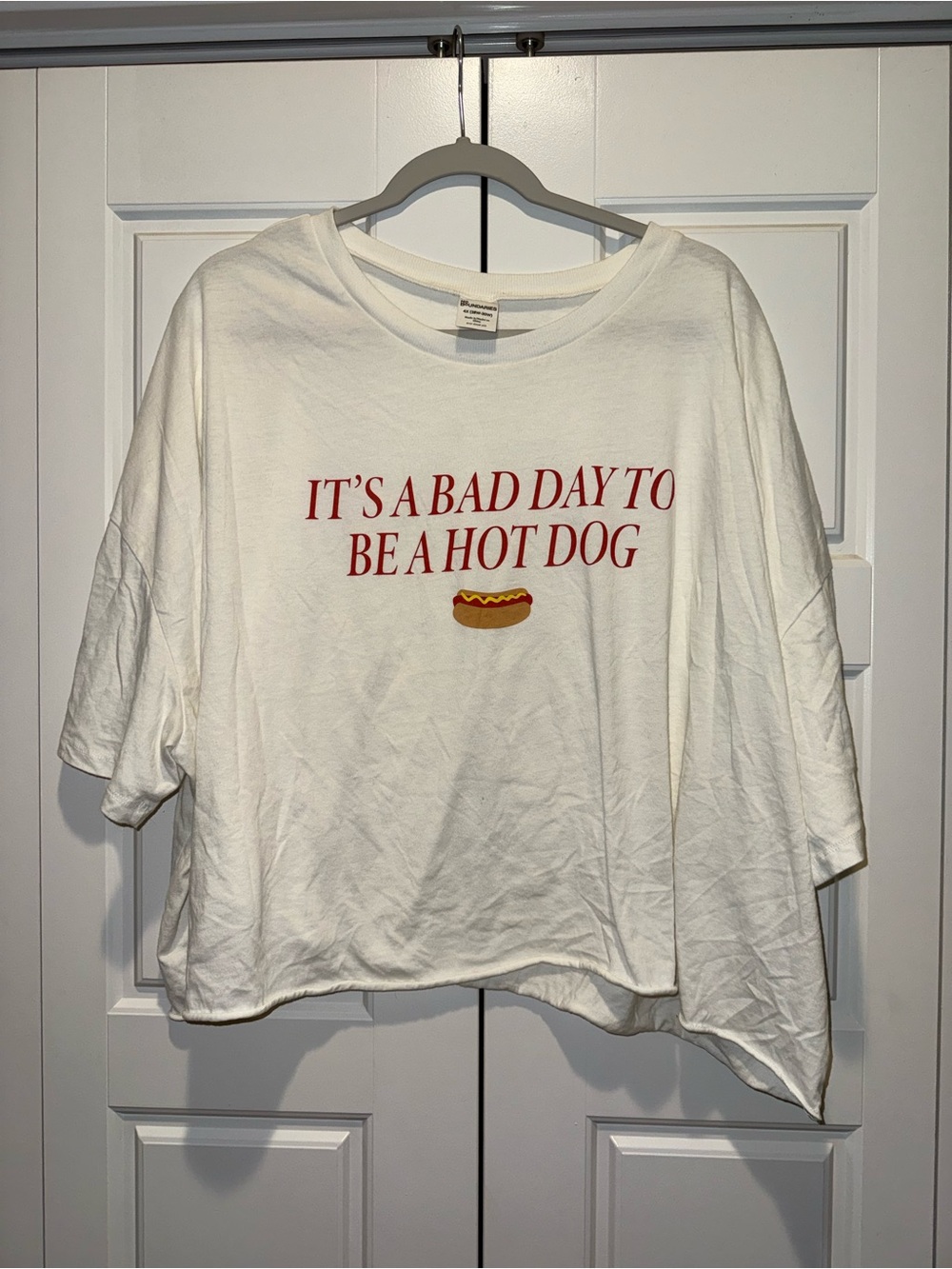 No Boundaries White Graphic Tee with Red Text and Yellow Hot Dog